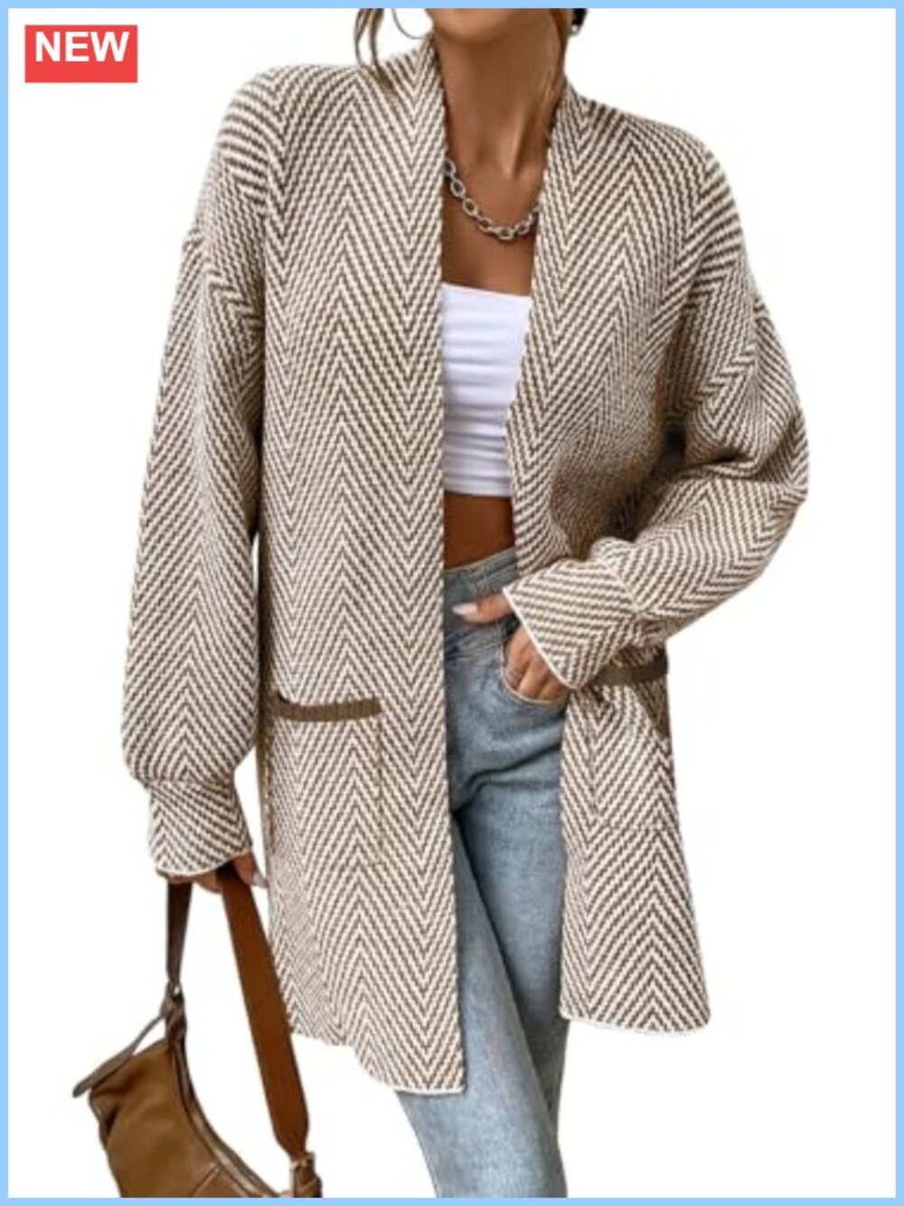 Open Front Chevron Cardigan Sweater 100% Acrylic Two Pockets Lightweight